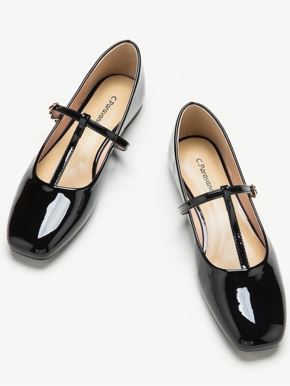 C.Paravano T-Strap Mary‎ Jane Leather Square Toe Flats | Size 41 - Black